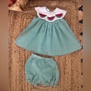 Vintage cotton unisex baby toddler Green Gingham Watermelon set top & Bloomers